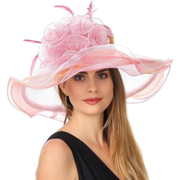 Women's Organza Church Kentucky Hat 4571-pink White